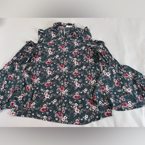 Ro & De Anthropologie Blouse Floral Green Long Bell Sleeve Off Shoulders Small - Picture 7 of 11